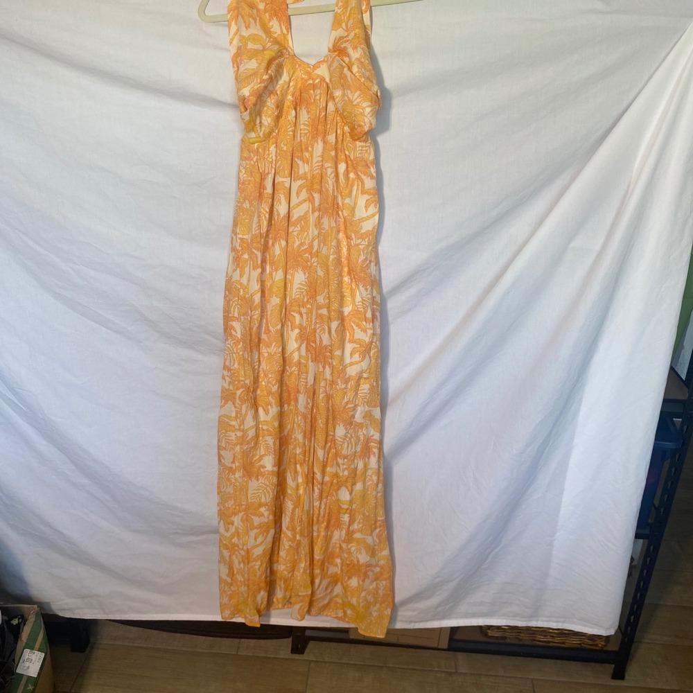 Storia Womens‎ Tropical Palm Print Halter Wide Leg Jumpsuit Orange Yellow XS NEW